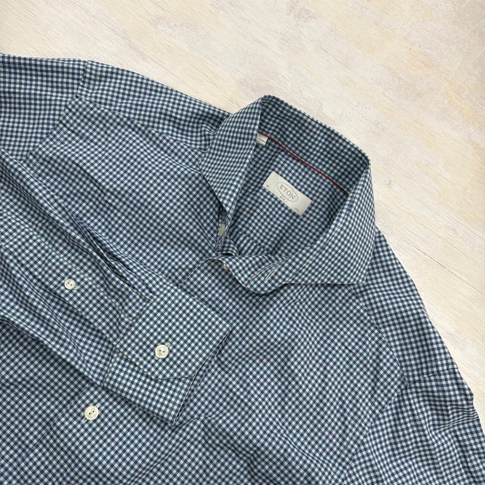 Eton Dress Shirt Slim Fit 15.5 Micro Gingham Check Navy Blue Mens